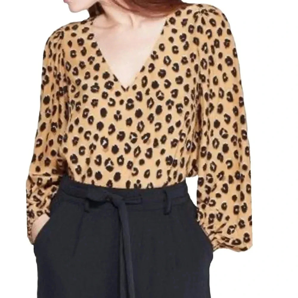 A new day vintage Leopard print Elegant long sleeves V-neck blouse Sz L - Picture 14 of 14